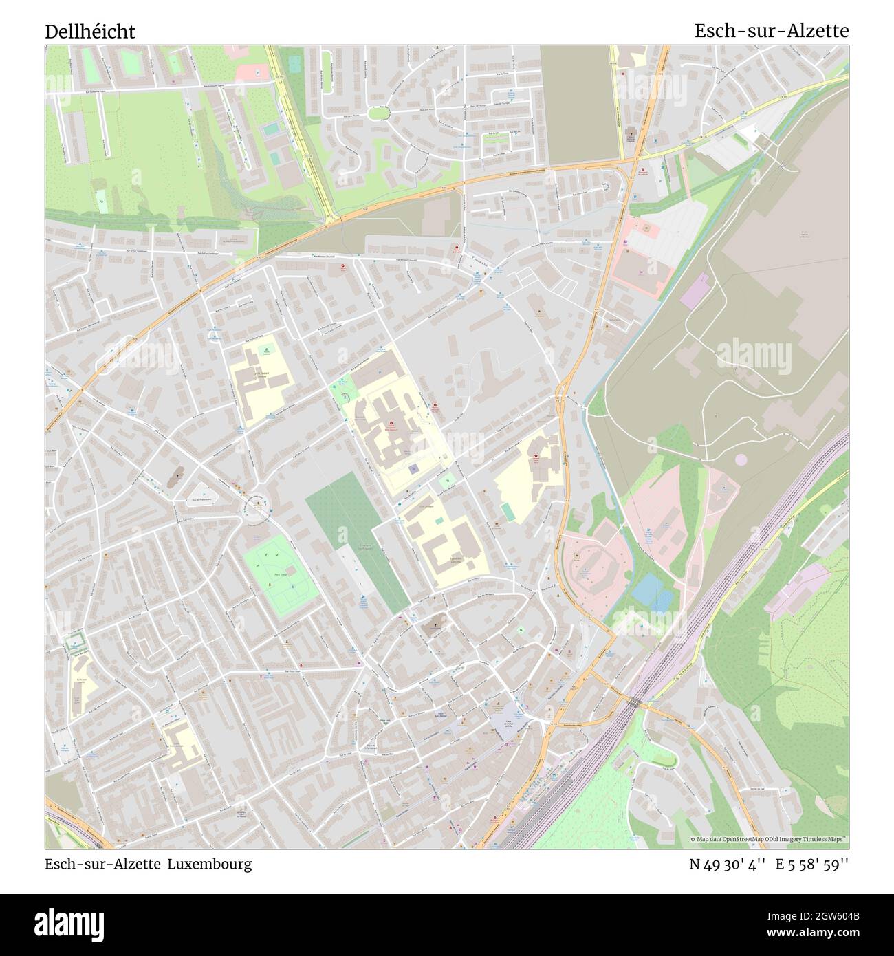 Dellhéicht, Esch-sur-Alzette, Luxembourg, Esch-sur-Alzette, N 49 30' 4'', E 5 58' 59'', map, Timeless Map published in 2021. Travelers, explorers and adventurers like Florence Nightingale, David Livingstone, Ernest Shackleton, Lewis and Clark and Sherlock Holmes relied on maps to plan travels to the world's most remote corners, Timeless Maps is mapping most locations on the globe, showing the achievement of great dreams Stock Photo