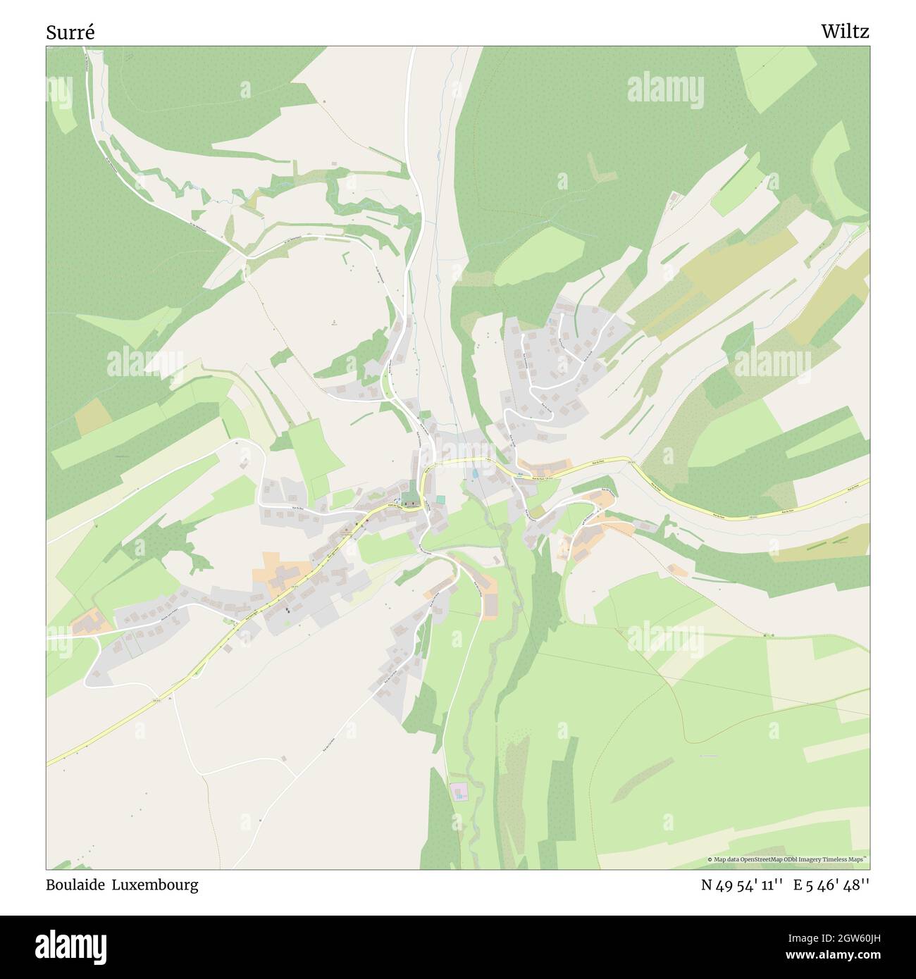 Surré, Boulaide, Luxembourg, Wiltz, N 49 54' 11'', E 5 46' 48'', map, Timeless Map published in 2021. Travelers, explorers and adventurers like Florence Nightingale, David Livingstone, Ernest Shackleton, Lewis and Clark and Sherlock Holmes relied on maps to plan travels to the world's most remote corners, Timeless Maps is mapping most locations on the globe, showing the achievement of great dreams Stock Photo