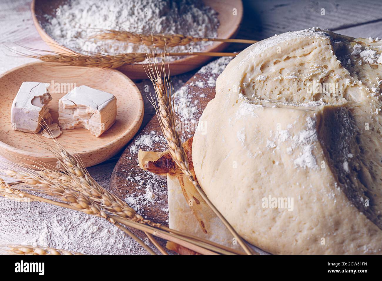 Fermented Bread With Spikes Of Wheat, Flour And Yeast. Traditional