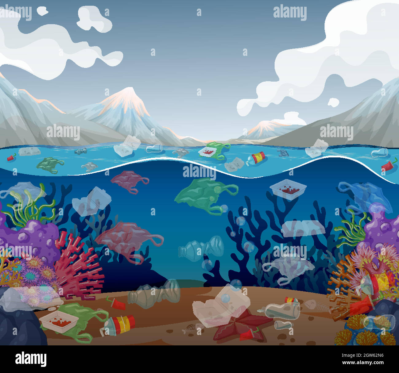 Water pollution with plastic bags in ocean Stock Vector