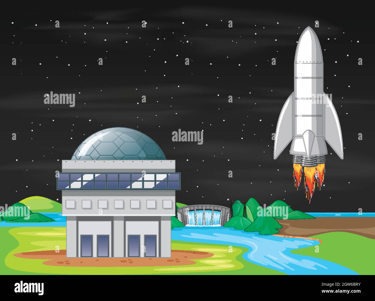 Scene with spaceship flying in the sky Stock Vector