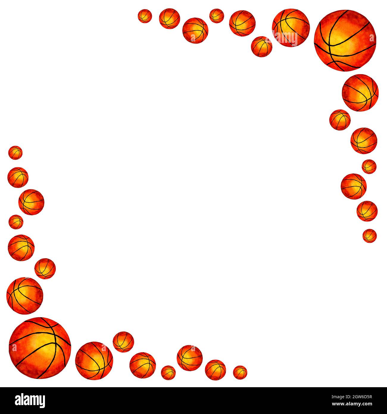Watercolor sports basqueball frame decorated with a ball. Corner frame