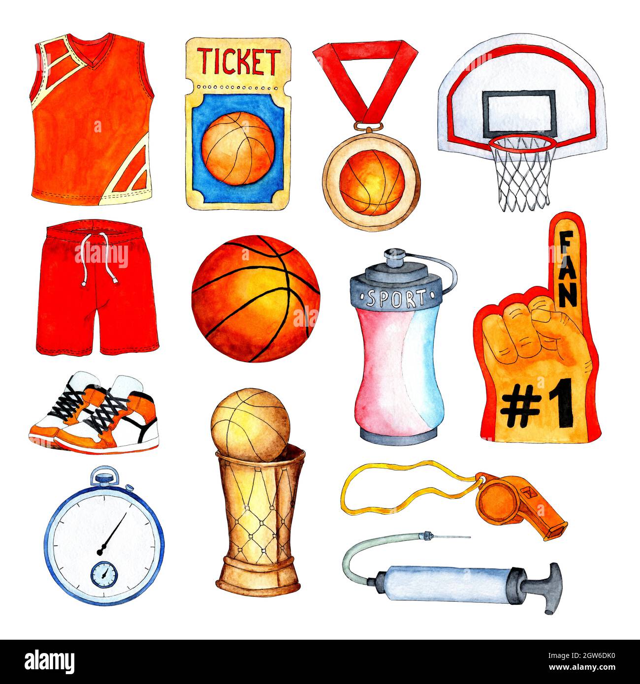 Large watercolor set of sports equipment for basball. Sportswear, running  shoes, ball, basket, pump, stopwatch, whistle, match ticket, fan's glove,  aw Stock Photo - Alamy