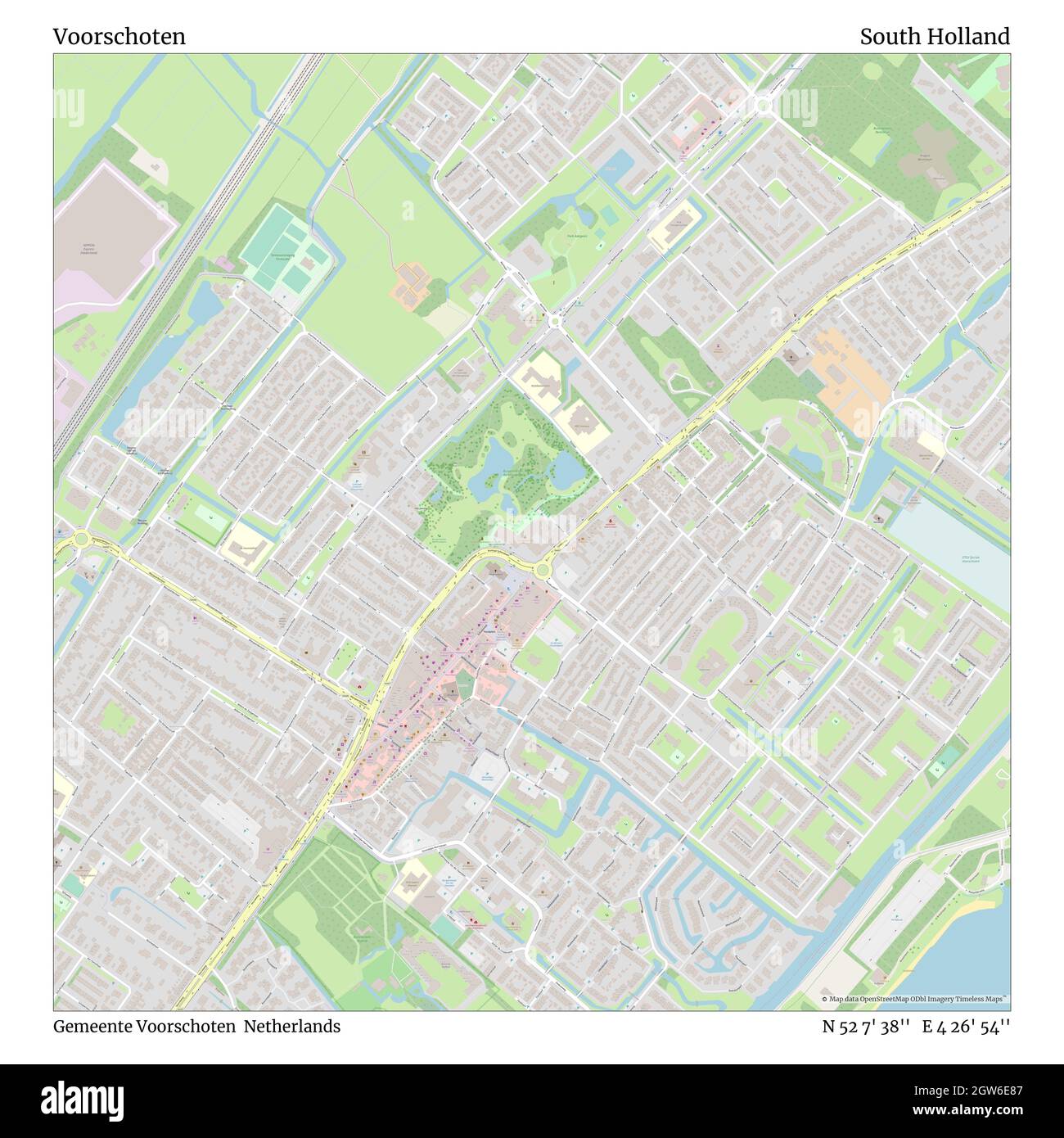 Voorschoten, Gemeente Voorschoten, Netherlands, South Holland, N 52 7' 38'', E 4 26' 54'', map, Timeless Map published in 2021. Travelers, explorers and adventurers like Florence Nightingale, David Livingstone, Ernest Shackleton, Lewis and Clark and Sherlock Holmes relied on maps to plan travels to the world's most remote corners, Timeless Maps is mapping most locations on the globe, showing the achievement of great dreams Stock Photo