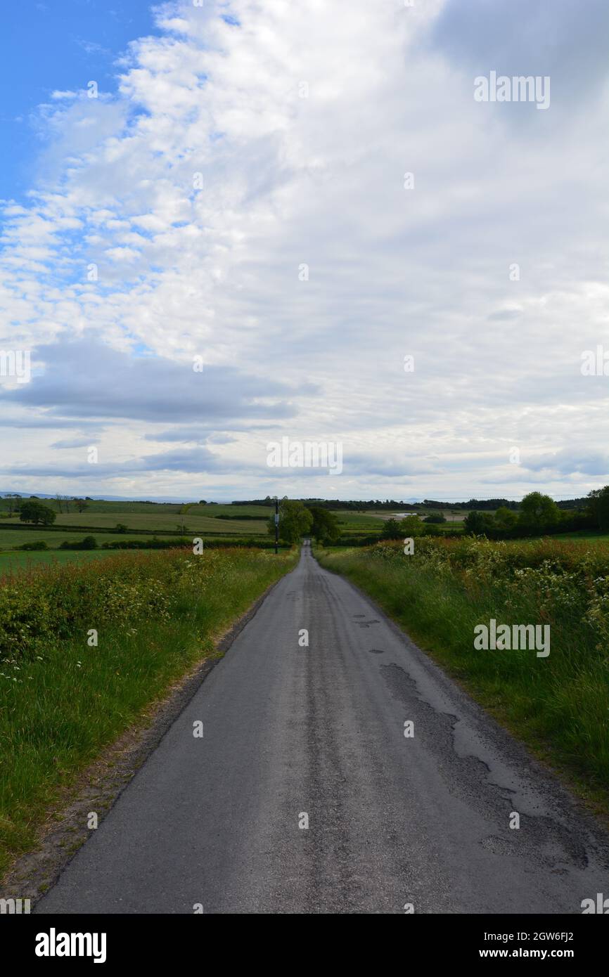 Empty Road Amidst Field Against Sky - Clouds - Road Has Diminishing Perspective Stock Photo