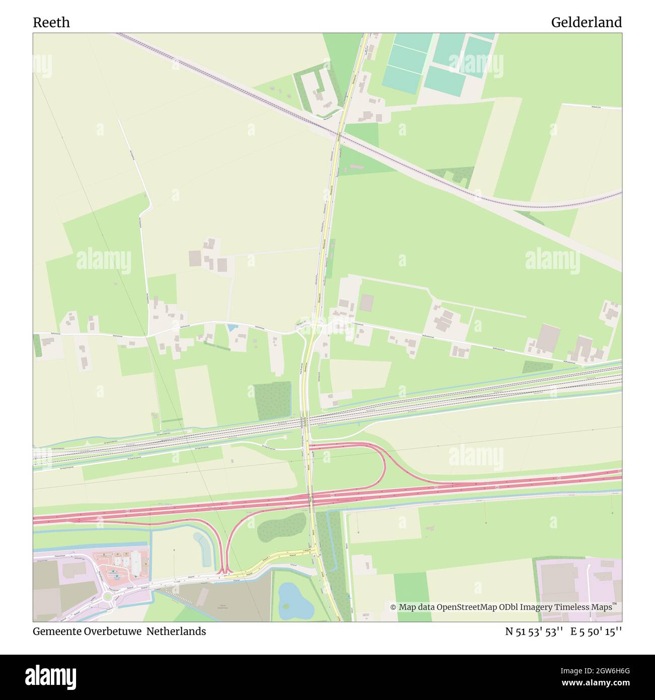 Reeth, Gemeente Overbetuwe, Netherlands, Gelderland, N 51 53' 53'', E 5 50' 15'', map, Timeless Map published in 2021. Travelers, explorers and adventurers like Florence Nightingale, David Livingstone, Ernest Shackleton, Lewis and Clark and Sherlock Holmes relied on maps to plan travels to the world's most remote corners, Timeless Maps is mapping most locations on the globe, showing the achievement of great dreams Stock Photo