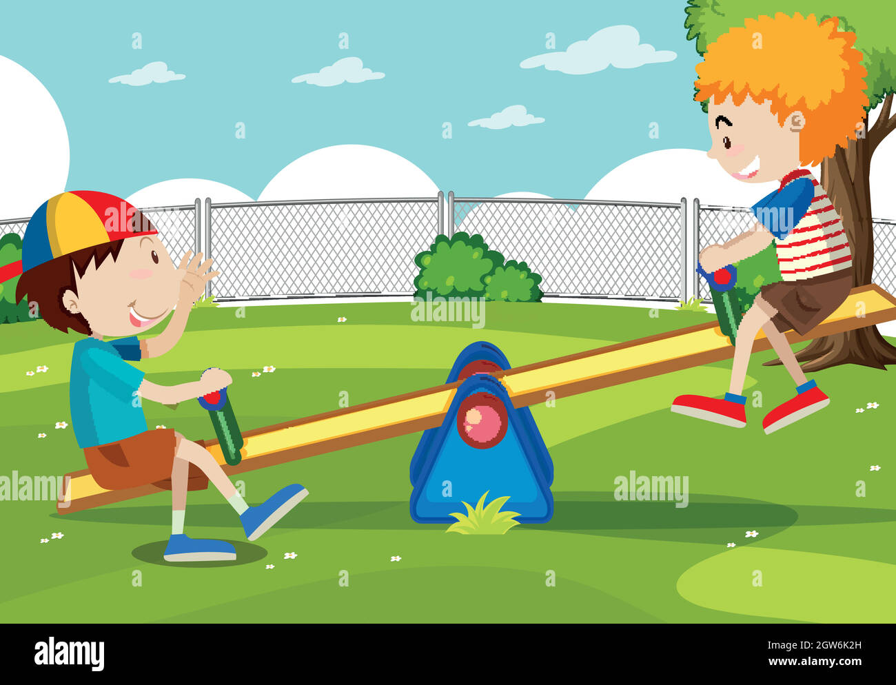 Boy and girl playing seesaw Stock Vector