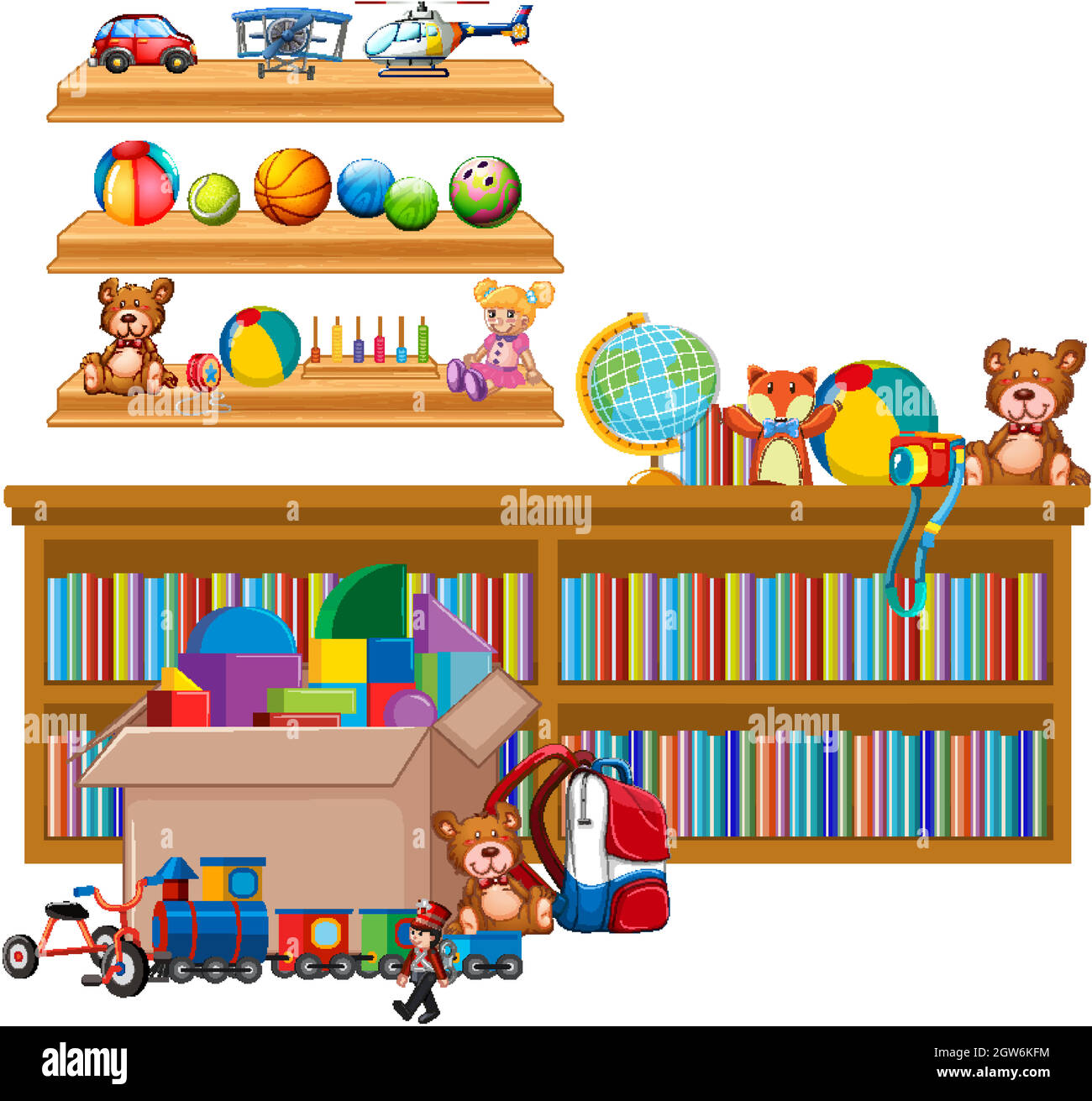 Shelf full of books and toys on white background Stock Vector Image & Art -  Alamy