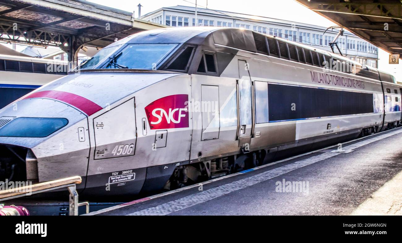 High-speed SNCF train in the Porto Nuova railway station, on the Paris-Turino-Milano route, through the French Alps. Stock Photo