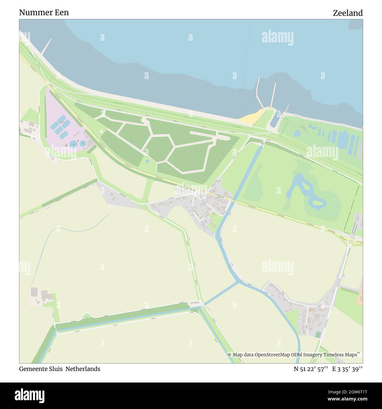 Nummer Een, Gemeente Sluis, Netherlands, Zeeland, N 51 22' 57'', E 3 35' 39'', map, Timeless Map published in 2021. Travelers, explorers and adventurers like Florence Nightingale, David Livingstone, Ernest Shackleton, Lewis and Clark and Sherlock Holmes relied on maps to plan travels to the world's most remote corners, Timeless Maps is mapping most locations on the globe, showing the achievement of great dreams Stock Photo