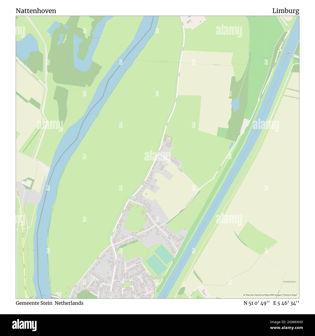 Nattenhoven, Gemeente Stein, Netherlands, Limburg, N 51 0' 49'', E 5 46' 34'', map, Timeless Map published in 2021. Travelers, explorers and adventurers like Florence Nightingale, David Livingstone, Ernest Shackleton, Lewis and Clark and Sherlock Holmes relied on maps to plan travels to the world's most remote corners, Timeless Maps is mapping most locations on the globe, showing the achievement of great dreams Stock Photo