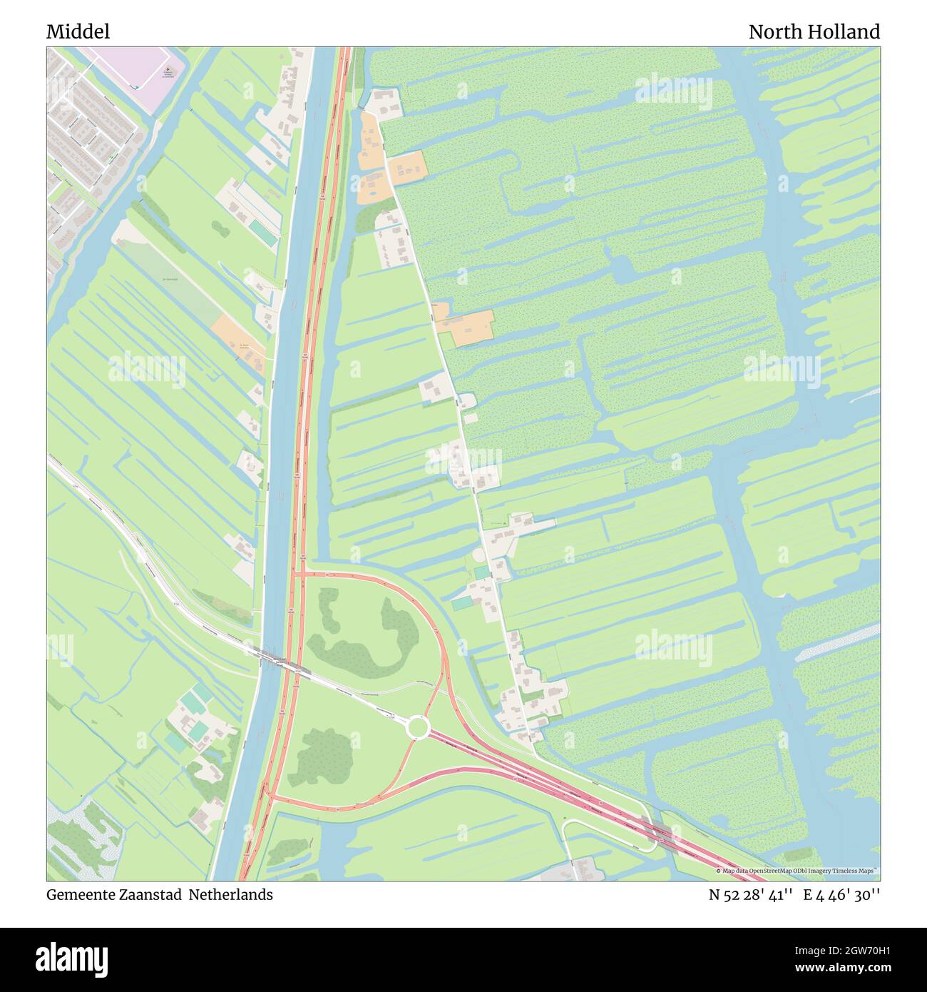 Middel, Gemeente Zaanstad, Netherlands, North Holland, N 52 28' 41'', E 4 46' 30'', map, Timeless Map published in 2021. Travelers, explorers and adventurers like Florence Nightingale, David Livingstone, Ernest Shackleton, Lewis and Clark and Sherlock Holmes relied on maps to plan travels to the world's most remote corners, Timeless Maps is mapping most locations on the globe, showing the achievement of great dreams Stock Photo