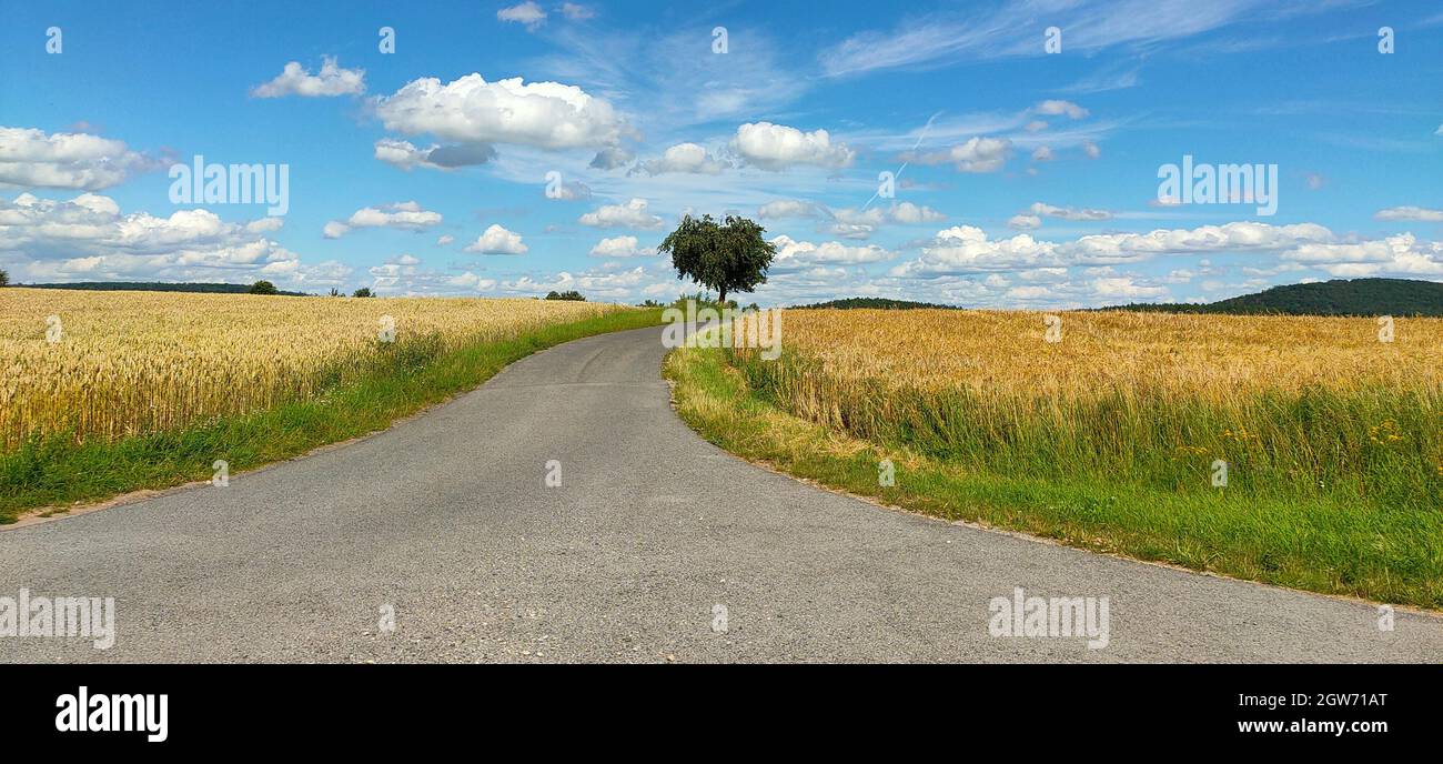 Road Amidst Field Against Sky Stock Photo