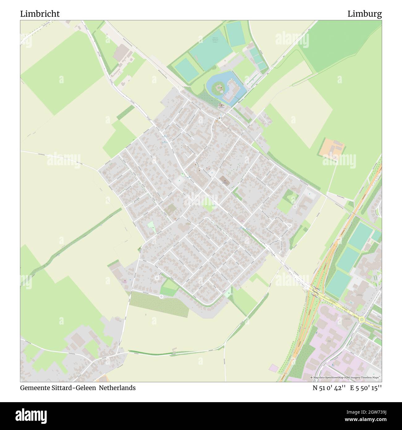 Limbricht, Gemeente Sittard-Geleen, Netherlands, Limburg, N 51 0' 42'', E 5 50' 15'', map, Timeless Map published in 2021. Travelers, explorers and adventurers like Florence Nightingale, David Livingstone, Ernest Shackleton, Lewis and Clark and Sherlock Holmes relied on maps to plan travels to the world's most remote corners, Timeless Maps is mapping most locations on the globe, showing the achievement of great dreams Stock Photo
