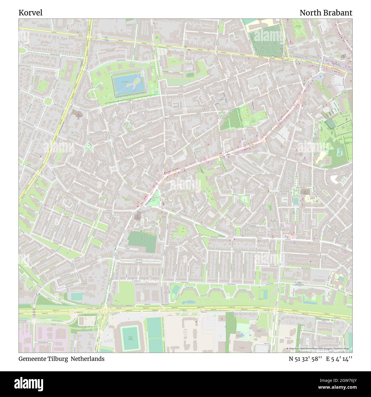 Korvel, Gemeente Tilburg, Netherlands, North Brabant, N 51 32' 58'', E 5 4' 14'', map, Timeless Map published in 2021. Travelers, explorers and adventurers like Florence Nightingale, David Livingstone, Ernest Shackleton, Lewis and Clark and Sherlock Holmes relied on maps to plan travels to the world's most remote corners, Timeless Maps is mapping most locations on the globe, showing the achievement of great dreams Stock Photo