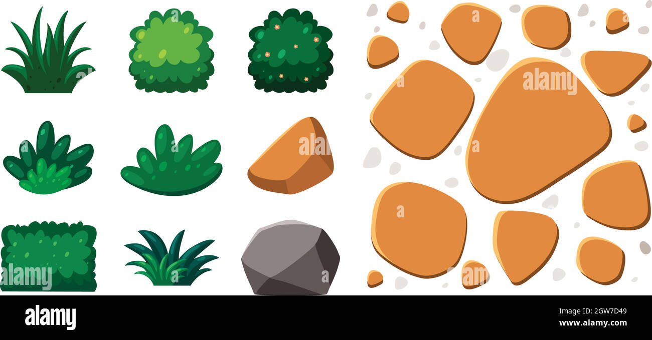 Garden Element Rocks and Plants Stock Vector