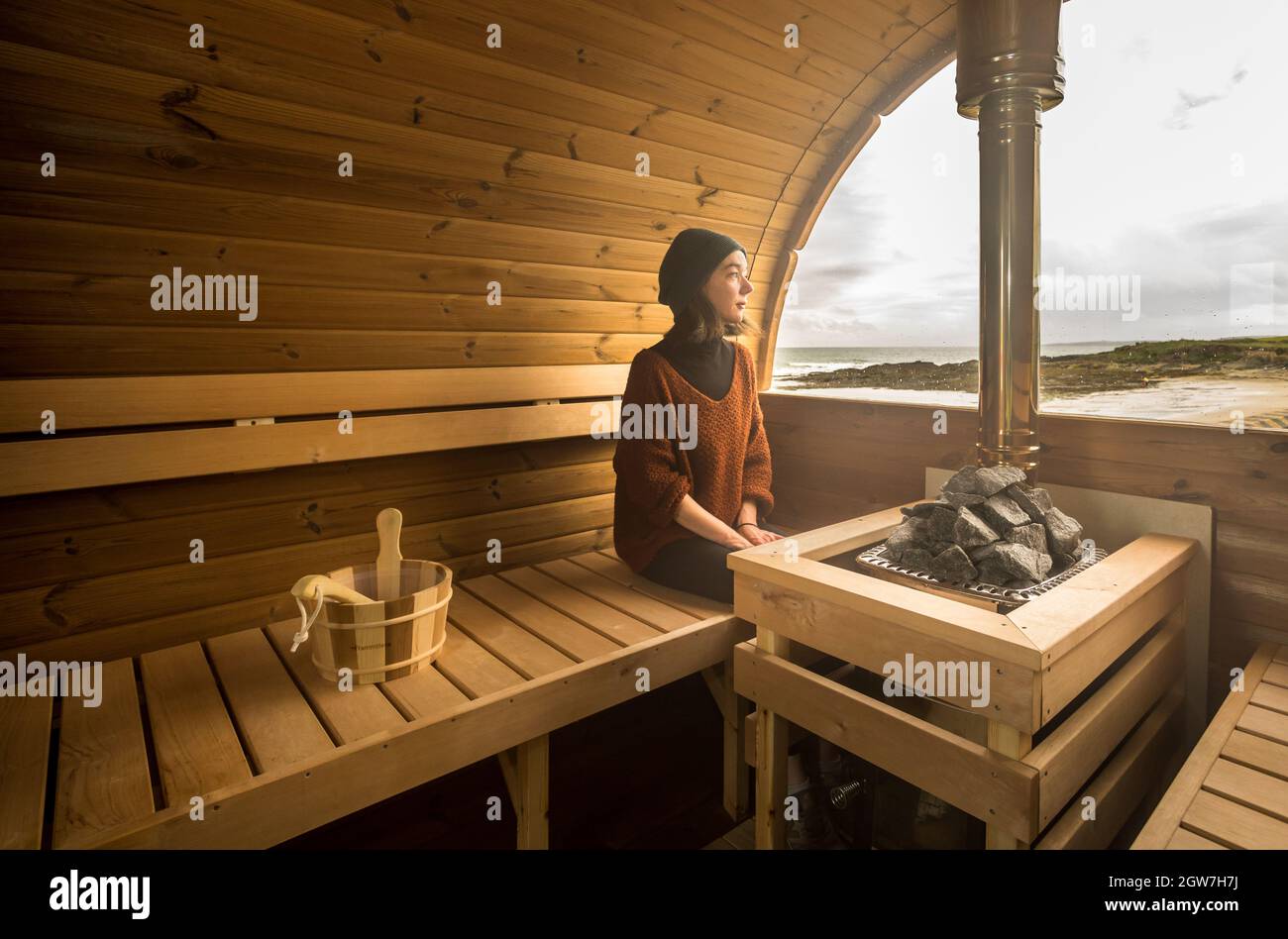 Garrettstown, Cork, Ireland. 02nd October, 2021. Bronwyn Connolly from  Ballinaspittle sits in her new mobile wood