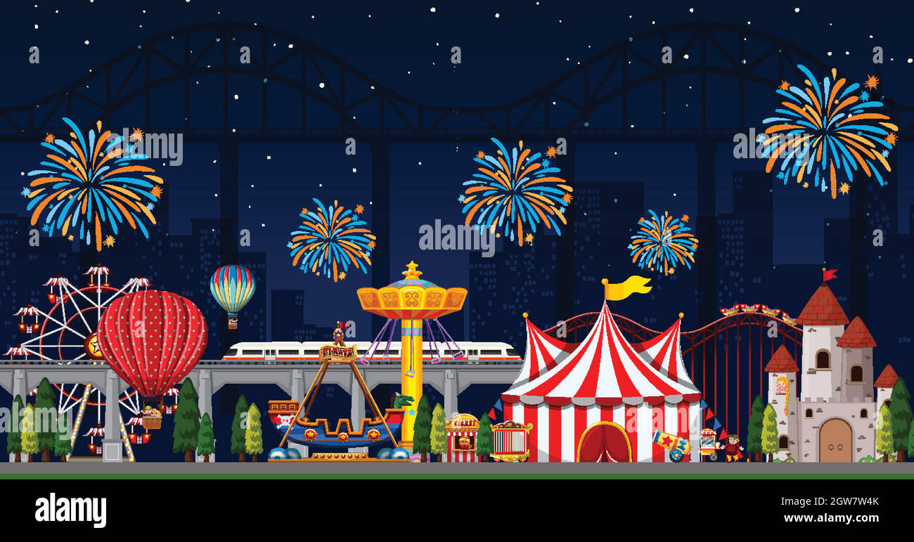 Amusement park scene at night with fireworks in the sky Stock Vector ...