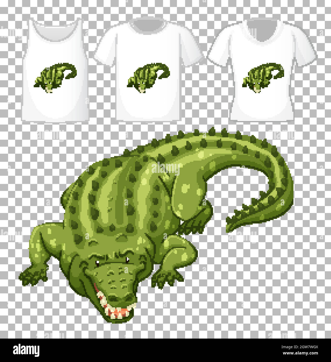 Set of different shirts with crocodile cartoon character isolated on transparent background Stock Vector