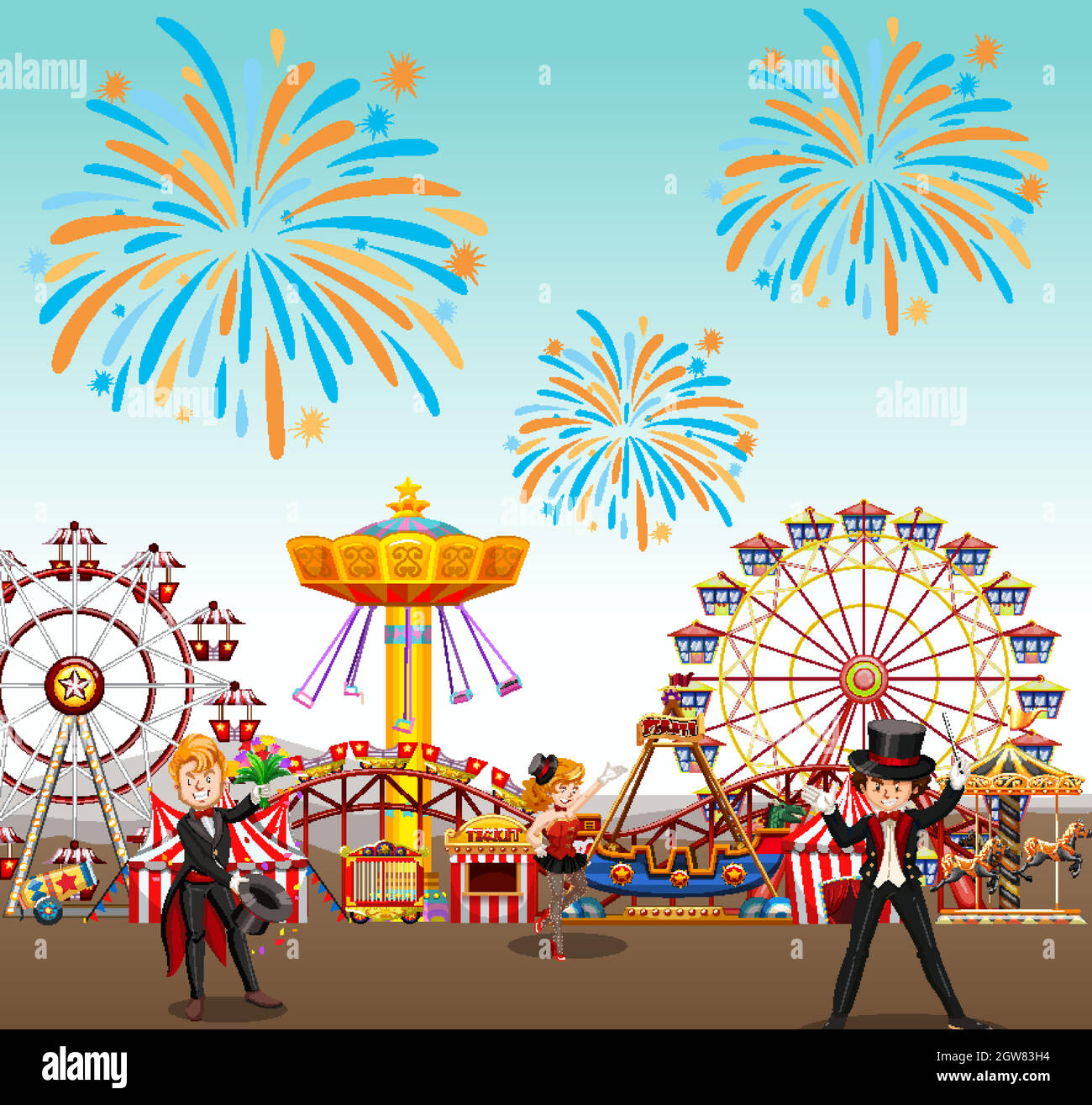 Amusement park with circus and ferris wheel and fire work background Stock Vector