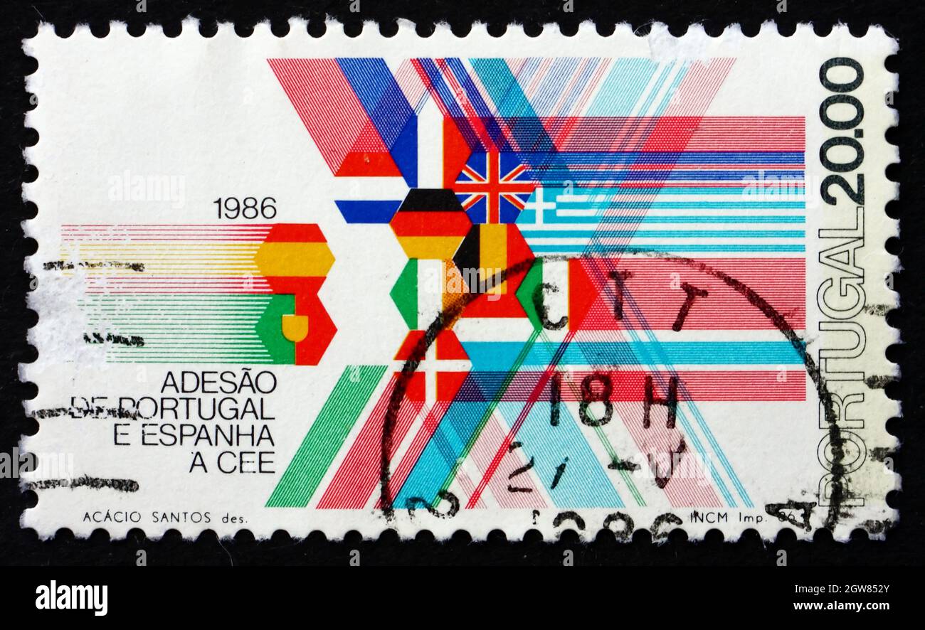 PORTUGAL - CIRCA 1986: a stamp printed in the Portugal shows Flags of EEC Member Nations, Admission of Portugal and Spain to the EEC, circa 1986 Stock Photo