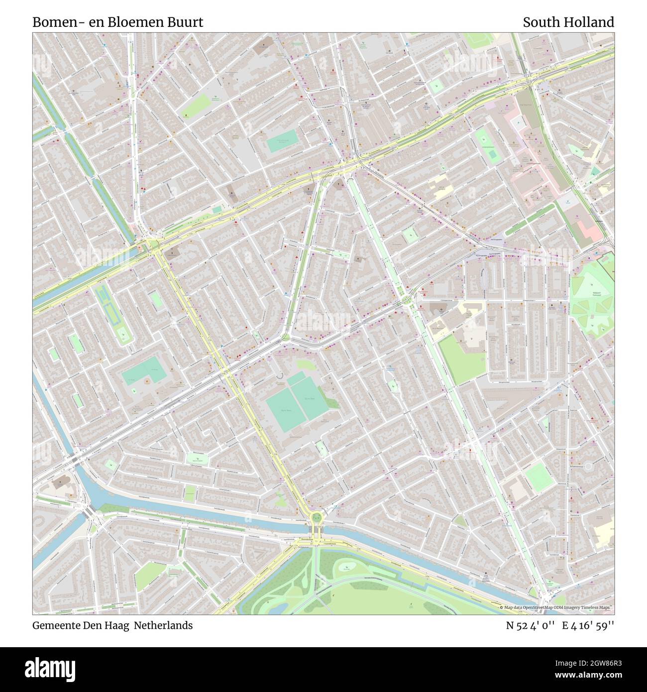 Bomen- en Bloemen Buurt, Gemeente Den Haag, Netherlands, South Holland, N 52 4' 0'', E 4 16' 59'', map, Timeless Map published in 2021. Travelers, explorers and adventurers like Florence Nightingale, David Livingstone, Ernest Shackleton, Lewis and Clark and Sherlock Holmes relied on maps to plan travels to the world's most remote corners, Timeless Maps is mapping most locations on the globe, showing the achievement of great dreams Stock Photo