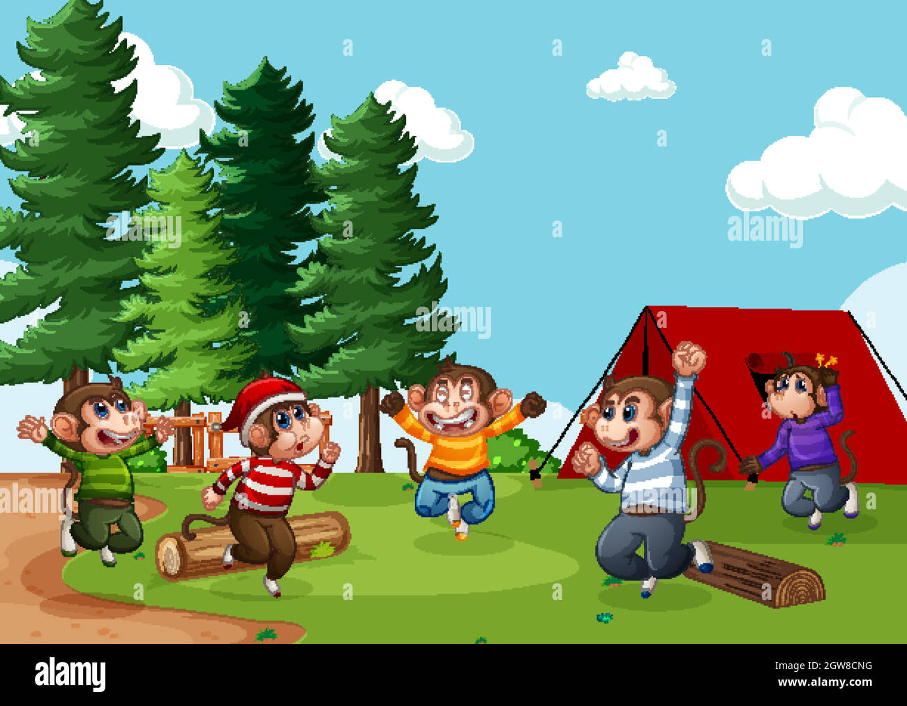Five little monkey jumping in the park scene Stock Vector