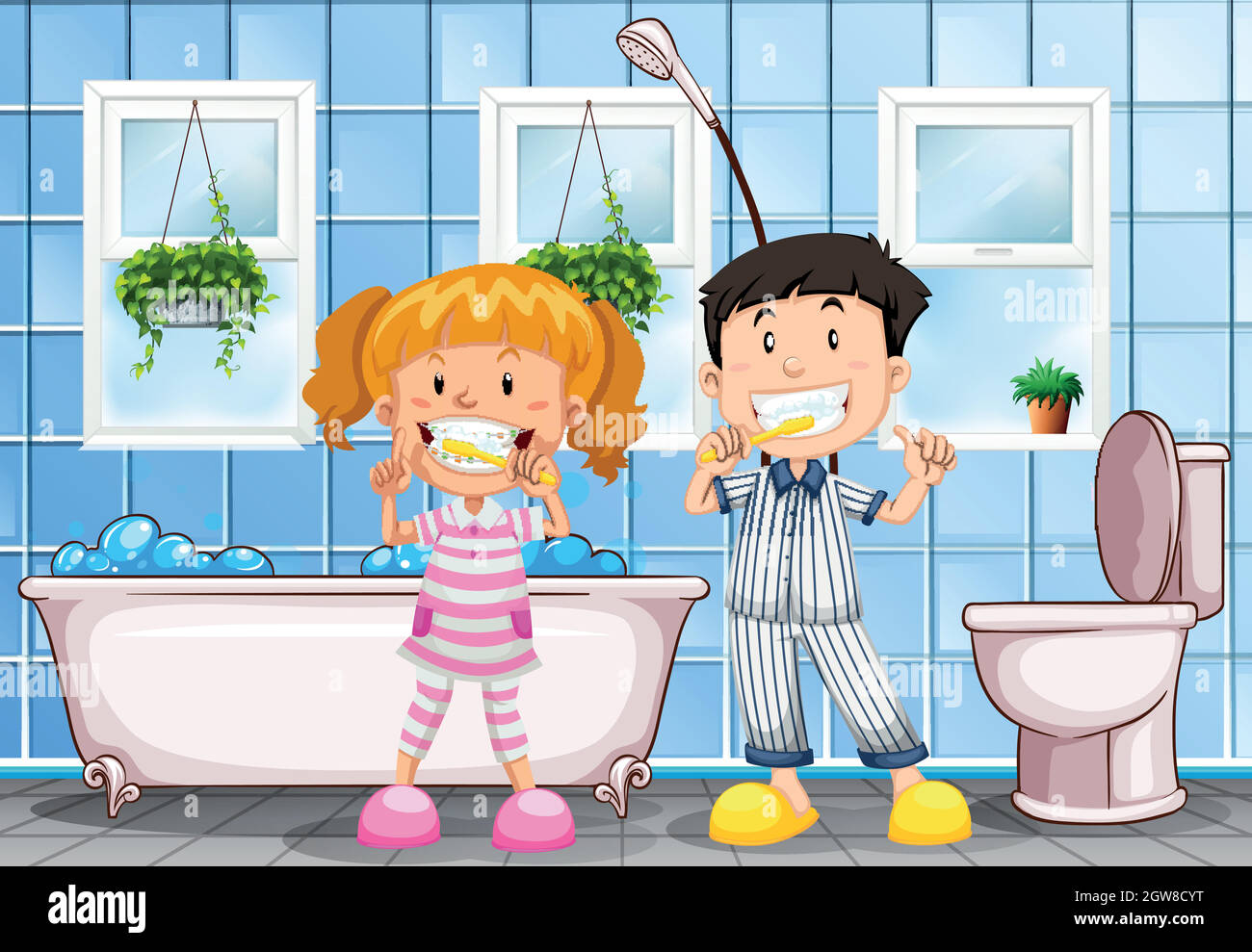 Boy and girl brushing teeth in bathroom Stock Vector Images Alamy