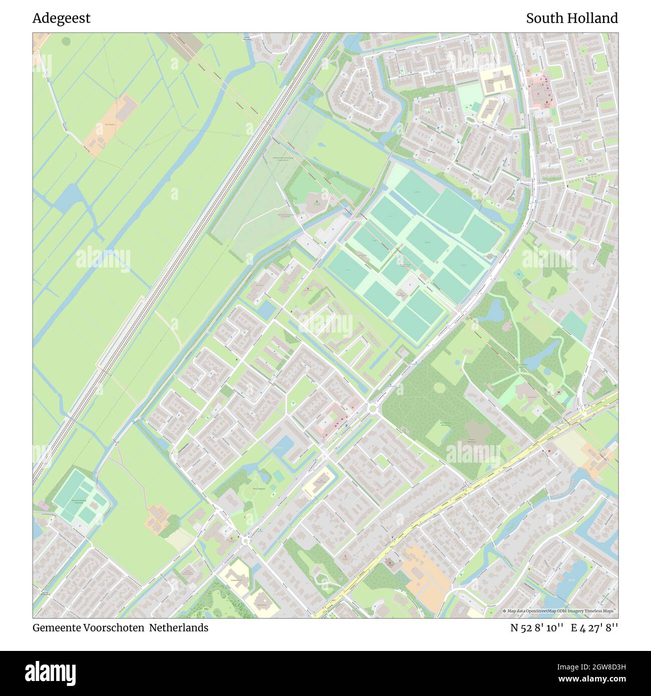 Adegeest, Gemeente Voorschoten, Netherlands, South Holland, N 52 8' 10'', E 4 27' 8'', map, Timeless Map published in 2021. Travelers, explorers and adventurers like Florence Nightingale, David Livingstone, Ernest Shackleton, Lewis and Clark and Sherlock Holmes relied on maps to plan travels to the world's most remote corners, Timeless Maps is mapping most locations on the globe, showing the achievement of great dreams Stock Photo