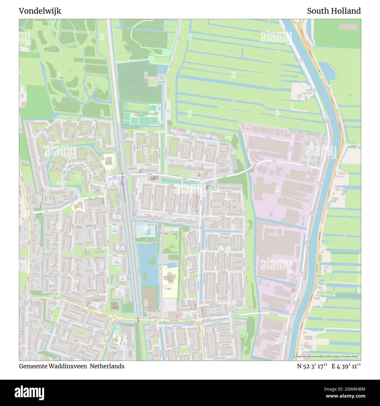 Vondelwijk, Gemeente Waddinxveen, Netherlands, South Holland, N 52 3' 17'', E 4 39' 11'', map, Timeless Map published in 2021. Travelers, explorers and adventurers like Florence Nightingale, David Livingstone, Ernest Shackleton, Lewis and Clark and Sherlock Holmes relied on maps to plan travels to the world's most remote corners, Timeless Maps is mapping most locations on the globe, showing the achievement of great dreams Stock Photo