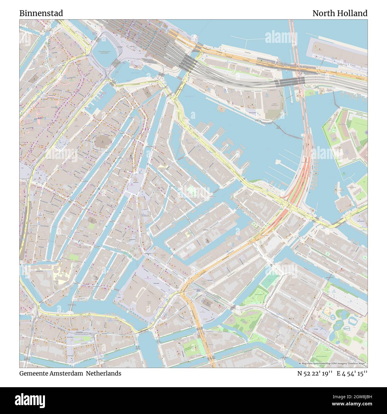 Binnenstad, Gemeente Amsterdam, Netherlands, North Holland, N 52 22' 19'', E 4 54' 15'', map, Timeless Map published in 2021. Travelers, explorers and adventurers like Florence Nightingale, David Livingstone, Ernest Shackleton, Lewis and Clark and Sherlock Holmes relied on maps to plan travels to the world's most remote corners, Timeless Maps is mapping most locations on the globe, showing the achievement of great dreams Stock Photo