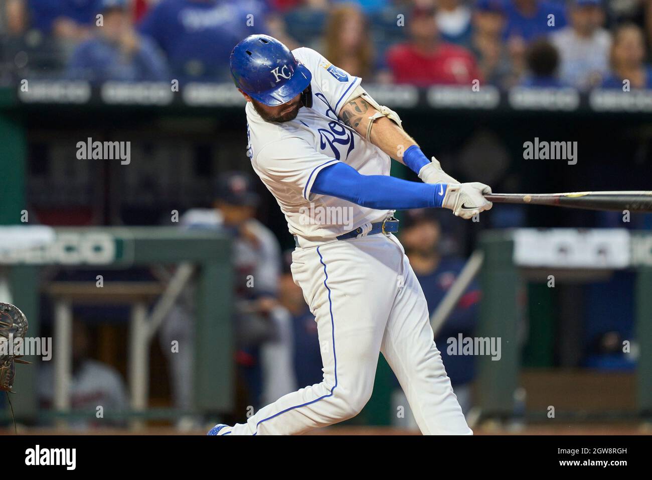 October 2 2021: Kansas City catcher Cam Gallagher (36) gets a hit ...