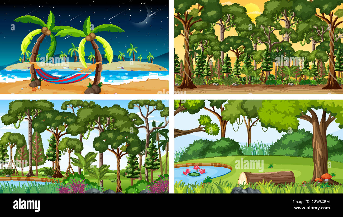 Four different nature horizontal scenes Stock Vector