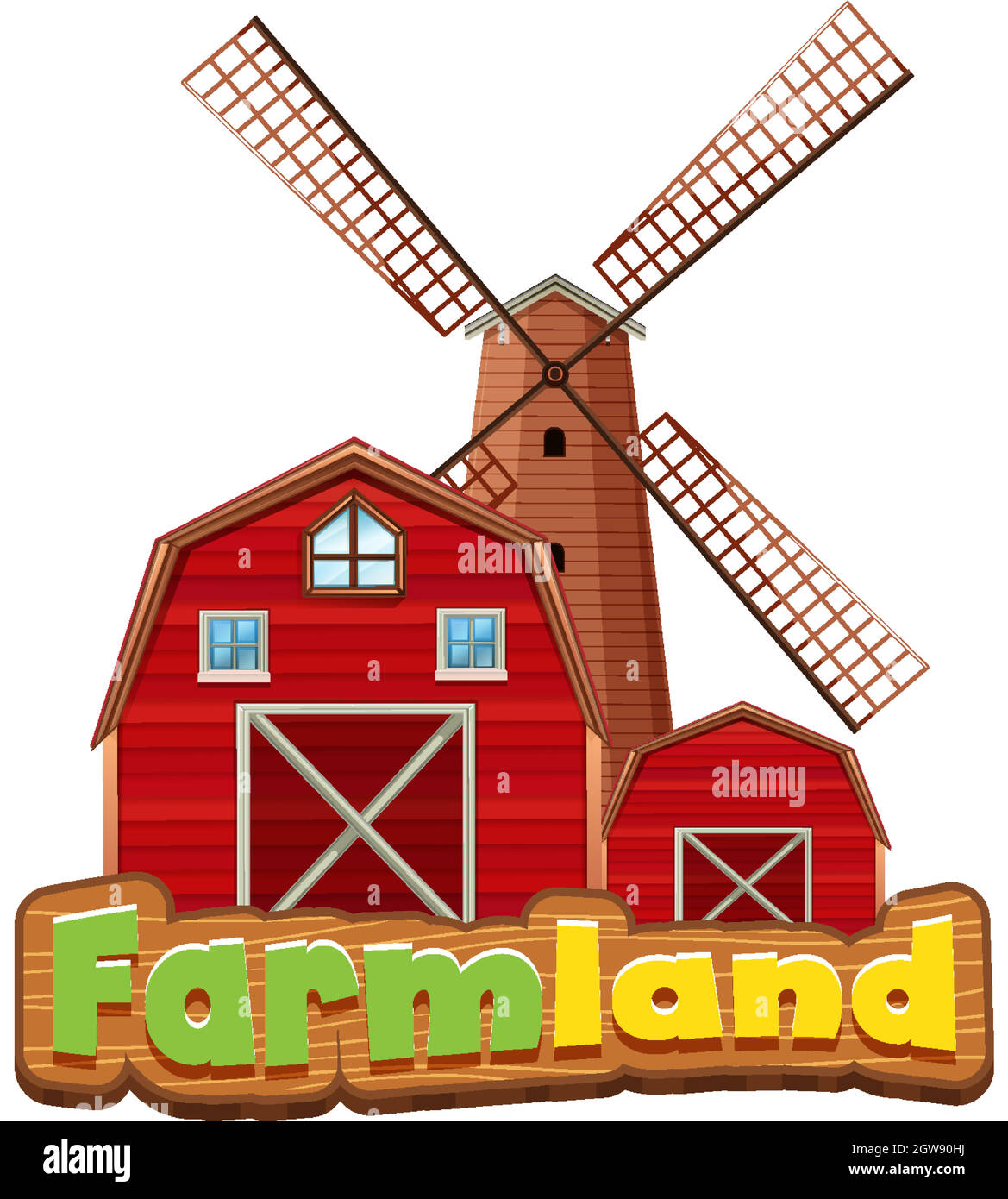 Word design for farmland with red barns and windmill Stock Vector