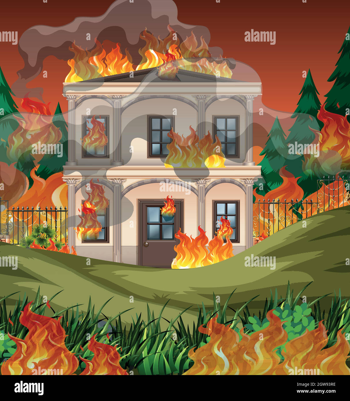 Fire destroy mansion background Stock Vector