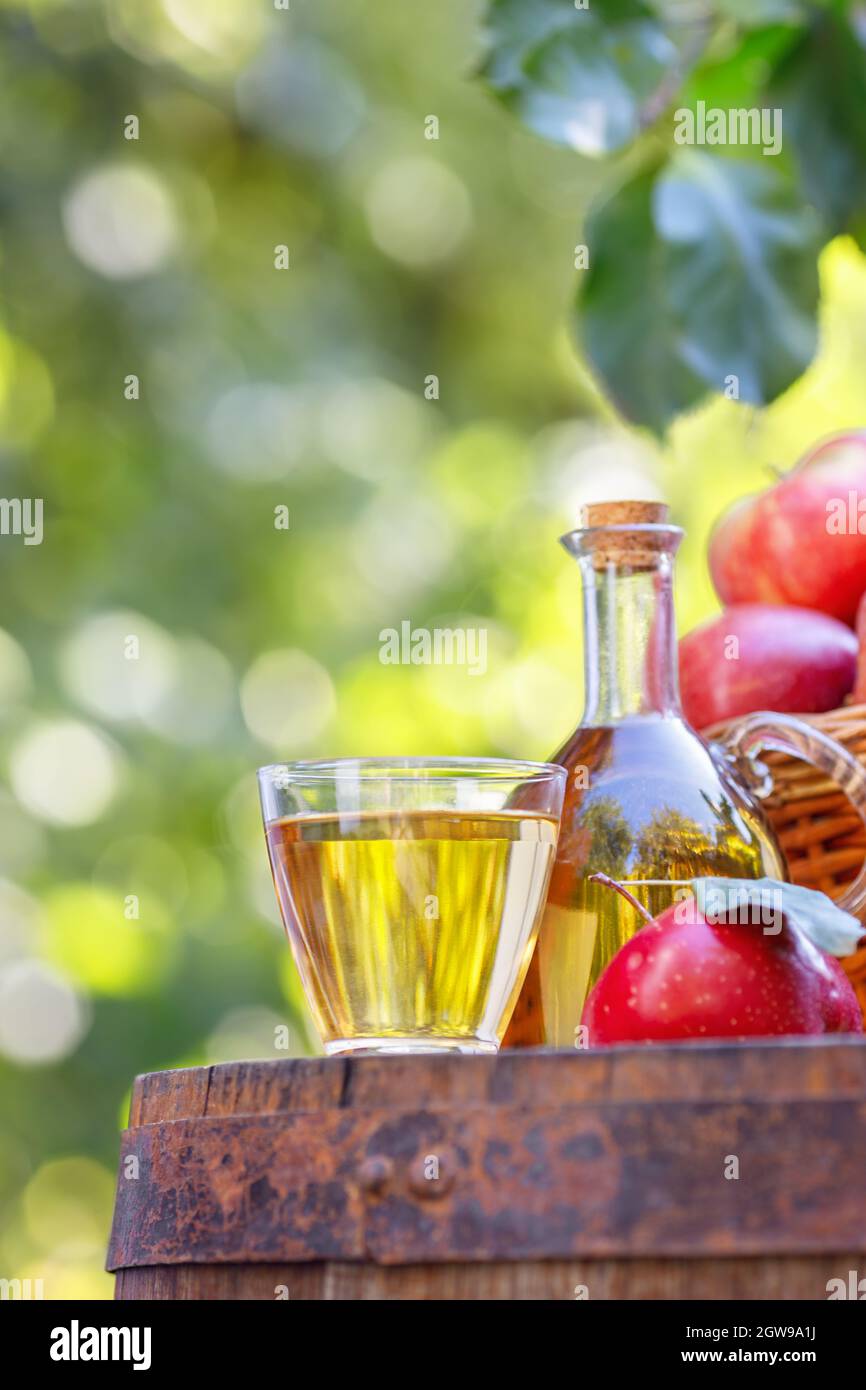 apple cider or juice in glass and bottle outdoors Stock Photo Alamy