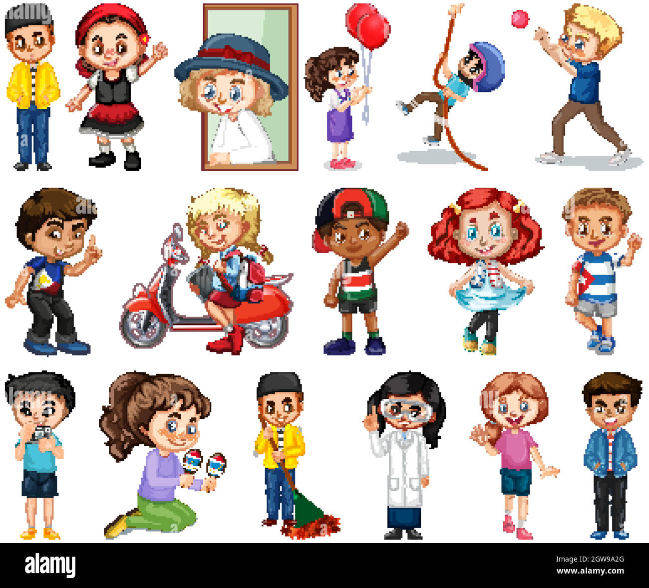 Large set of boys and girls doing different activity on white background Stock Vector