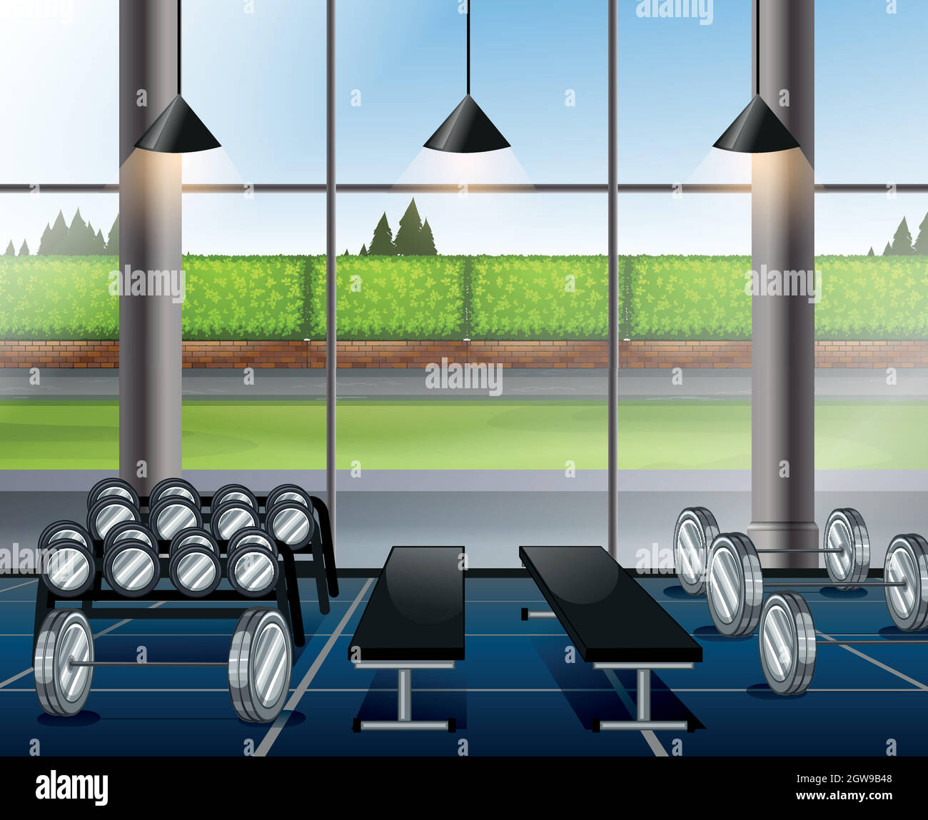 Inside weightlifting room with benches Stock Vector