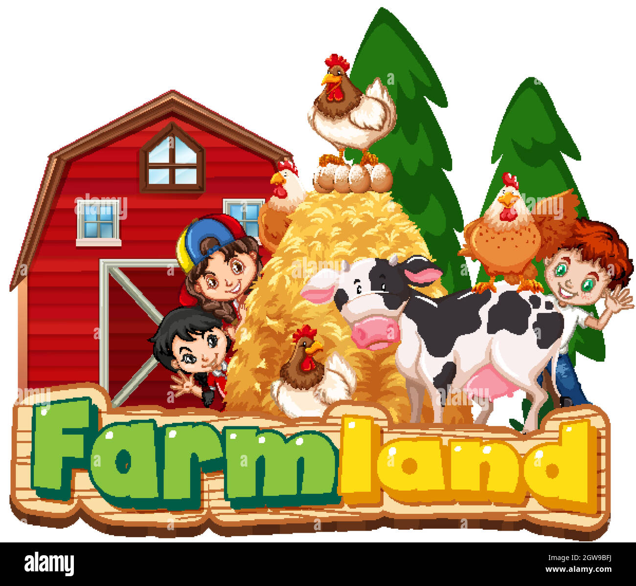 Font design for farmland with happy children and animals Stock Vector