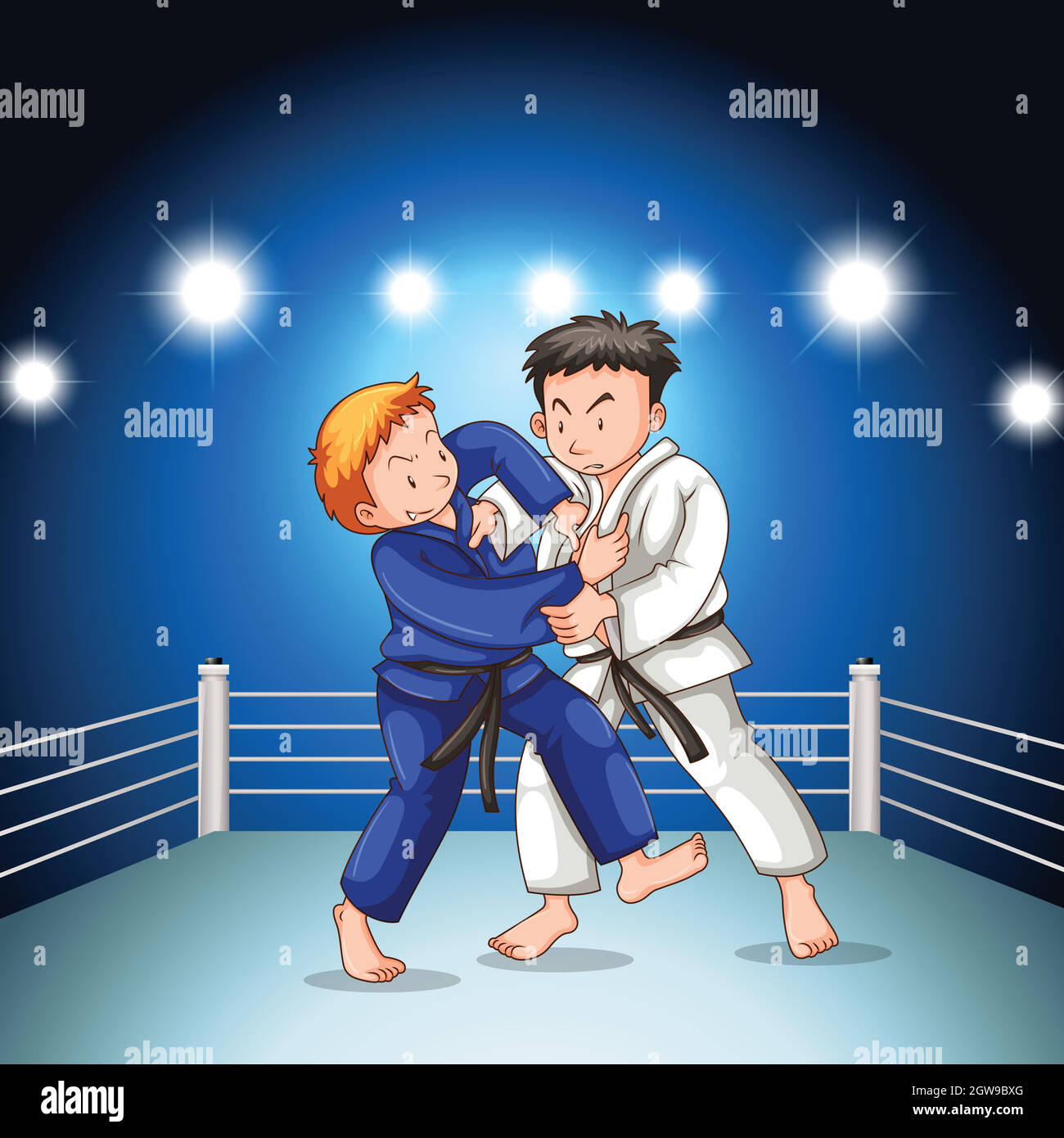 Two boys fighting judo wrestling on sport competition Stock Vector