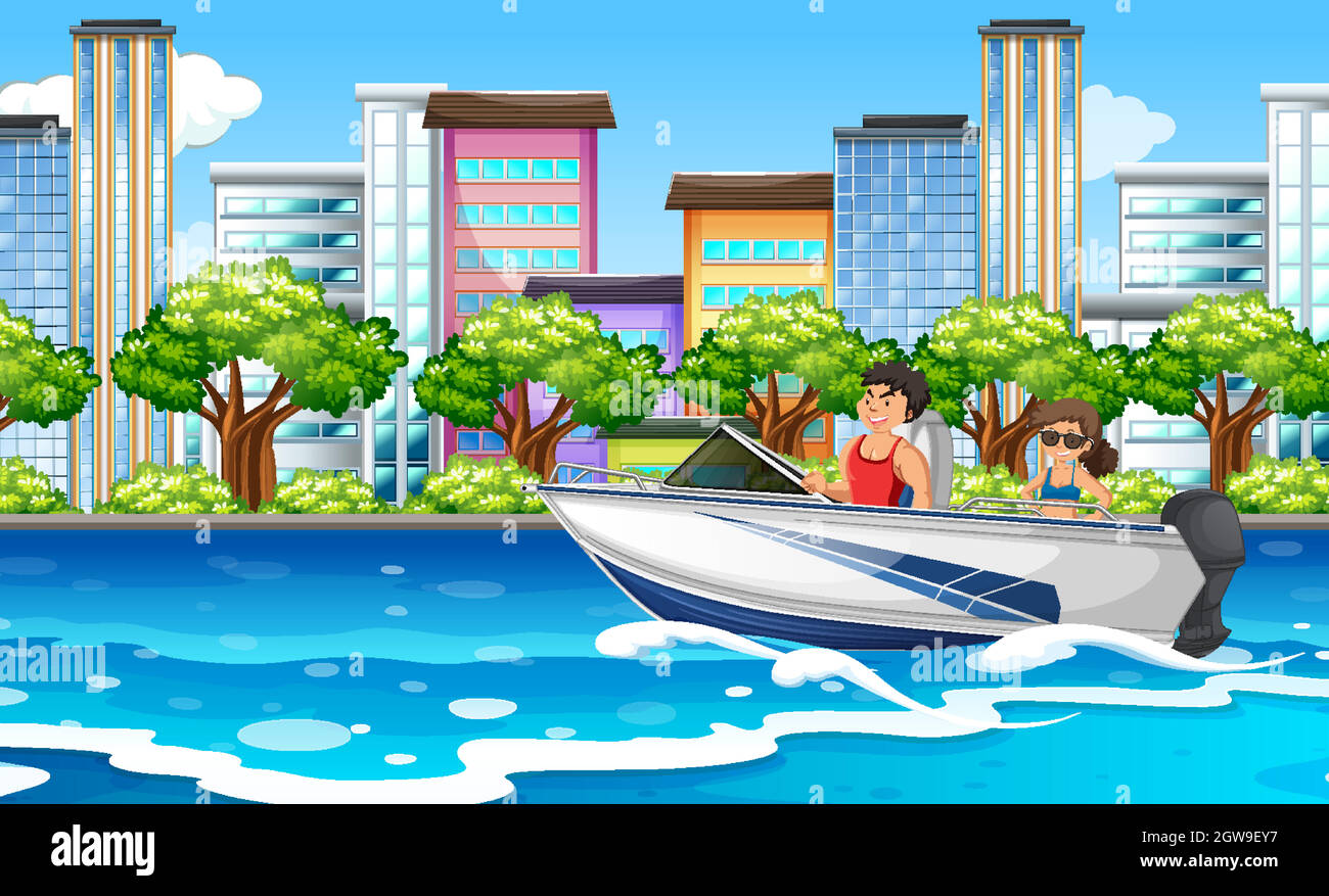 River scene with a couple on a speed boat Stock Vector