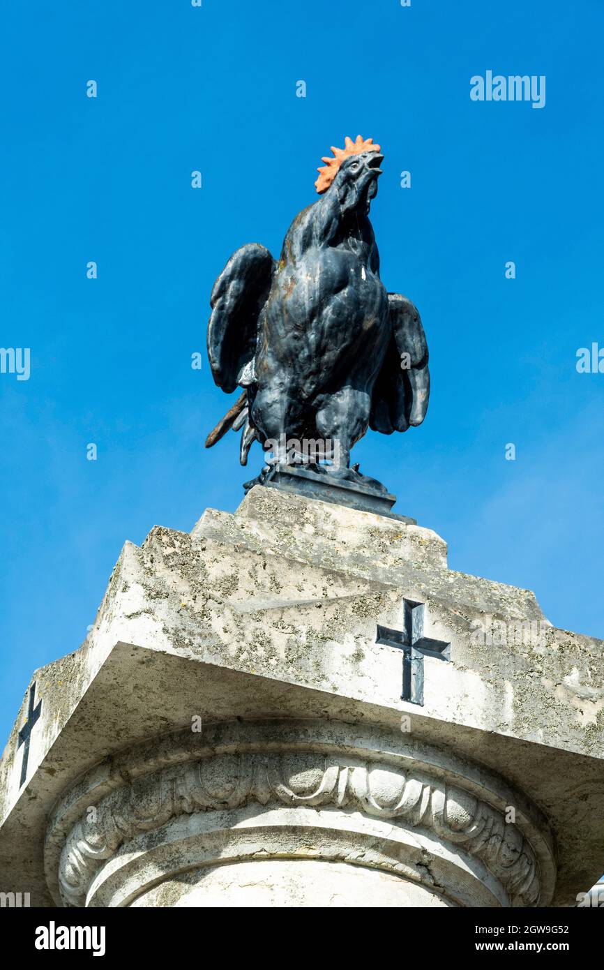 Polignac labelled Les Plus Beaux Villages de France, gallic rooster national symbol on war monument, Haute-Loire, Auvergne-Rhone-Alpes, France Stock Photo