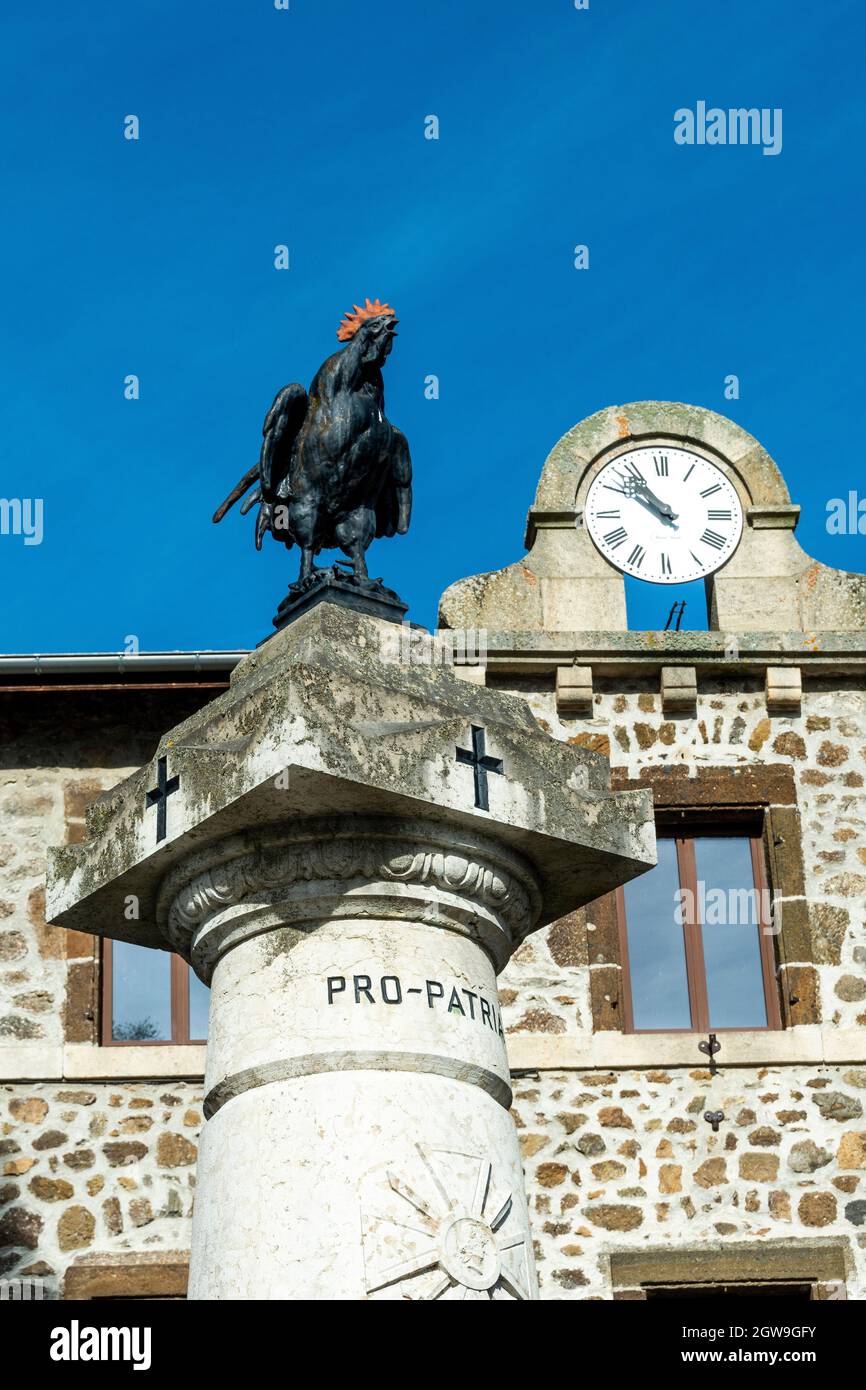 Polignac labelled Les Plus Beaux Villages de France, gallic rooster national symbol on war monument, Haute-Loire, Auvergne-Rhone-Alpes, France Stock Photo