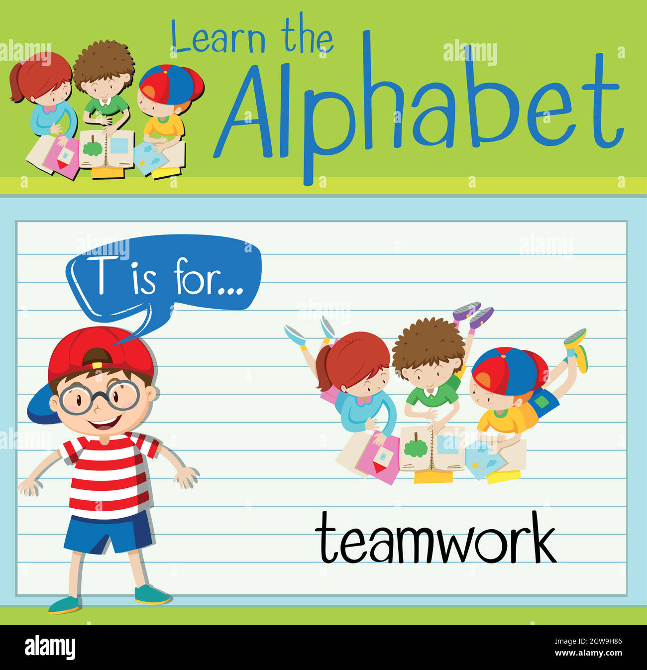 Flashcard alphabet T is for teamwork Stock Vector