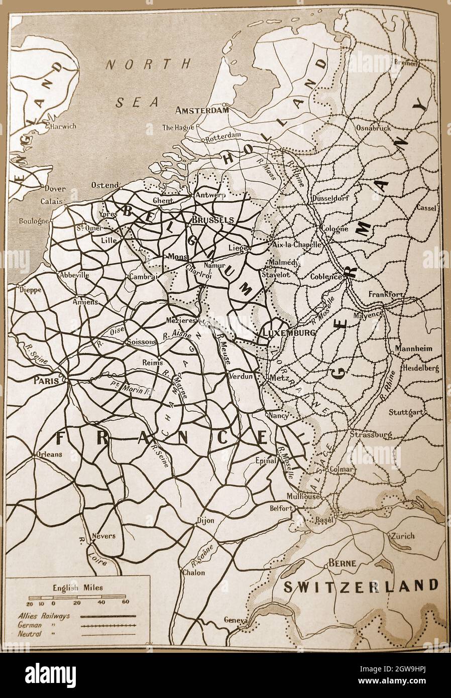 WWI -1916 map showing the railways being used by the allies and the enemy in Germany, Belgium, Holland, France and Switzerland with distances in English Miles. Stock Photo