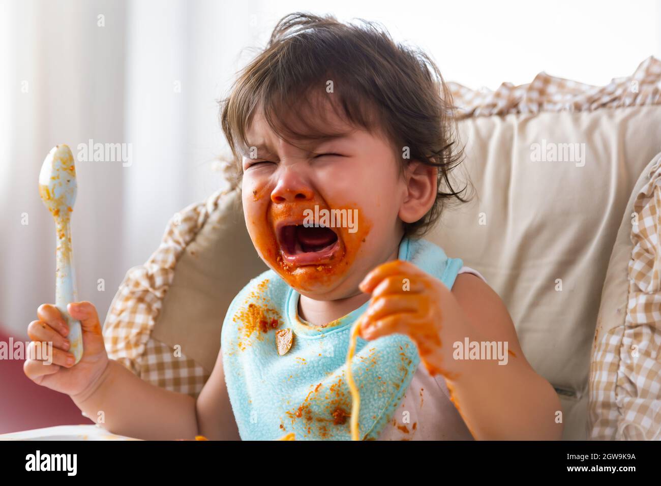 Little Infant Baby Crying Because Child Get Hungry, Want More Food