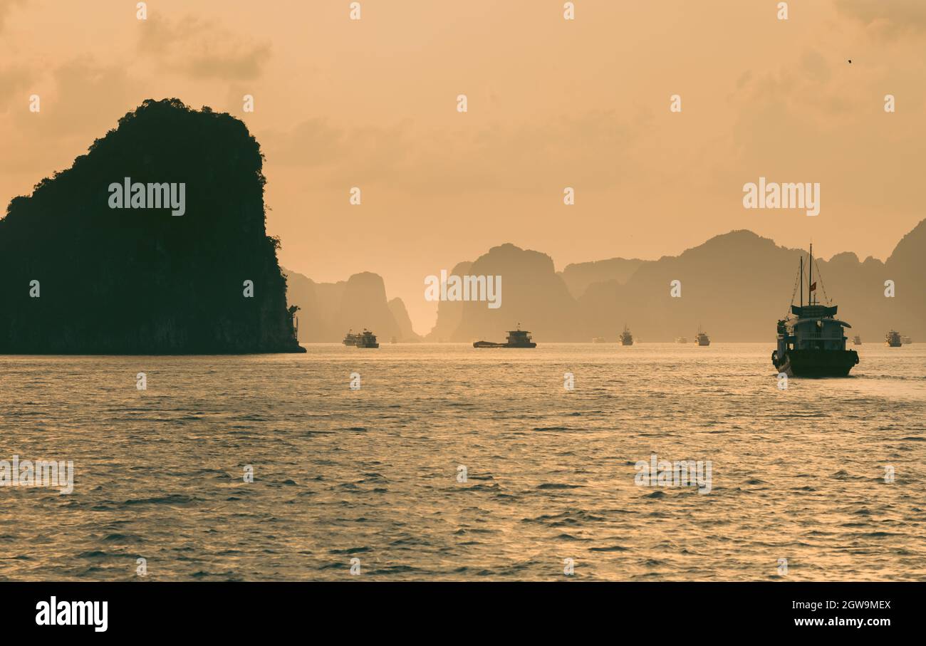 Beautiful seascape photo of sunset at Halong bay at Vietnam. Stock Photo