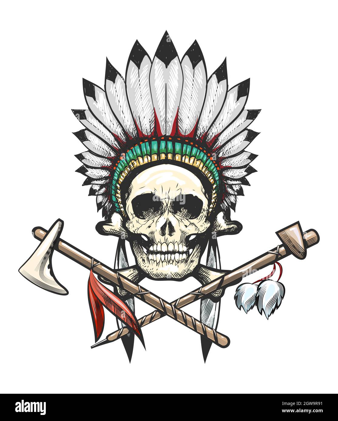 The Indian Skull in War Bonnet Tattoo Stock Vector