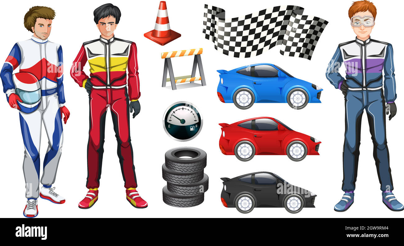 Racing cars and three racers Stock Vector