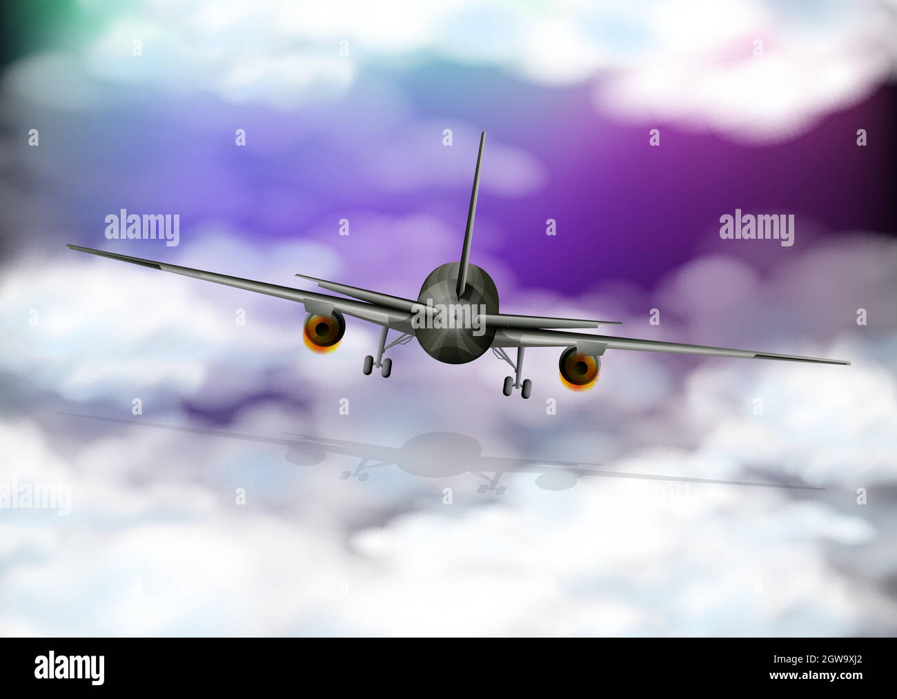 Back of airplane flying in purple sky Stock Vector